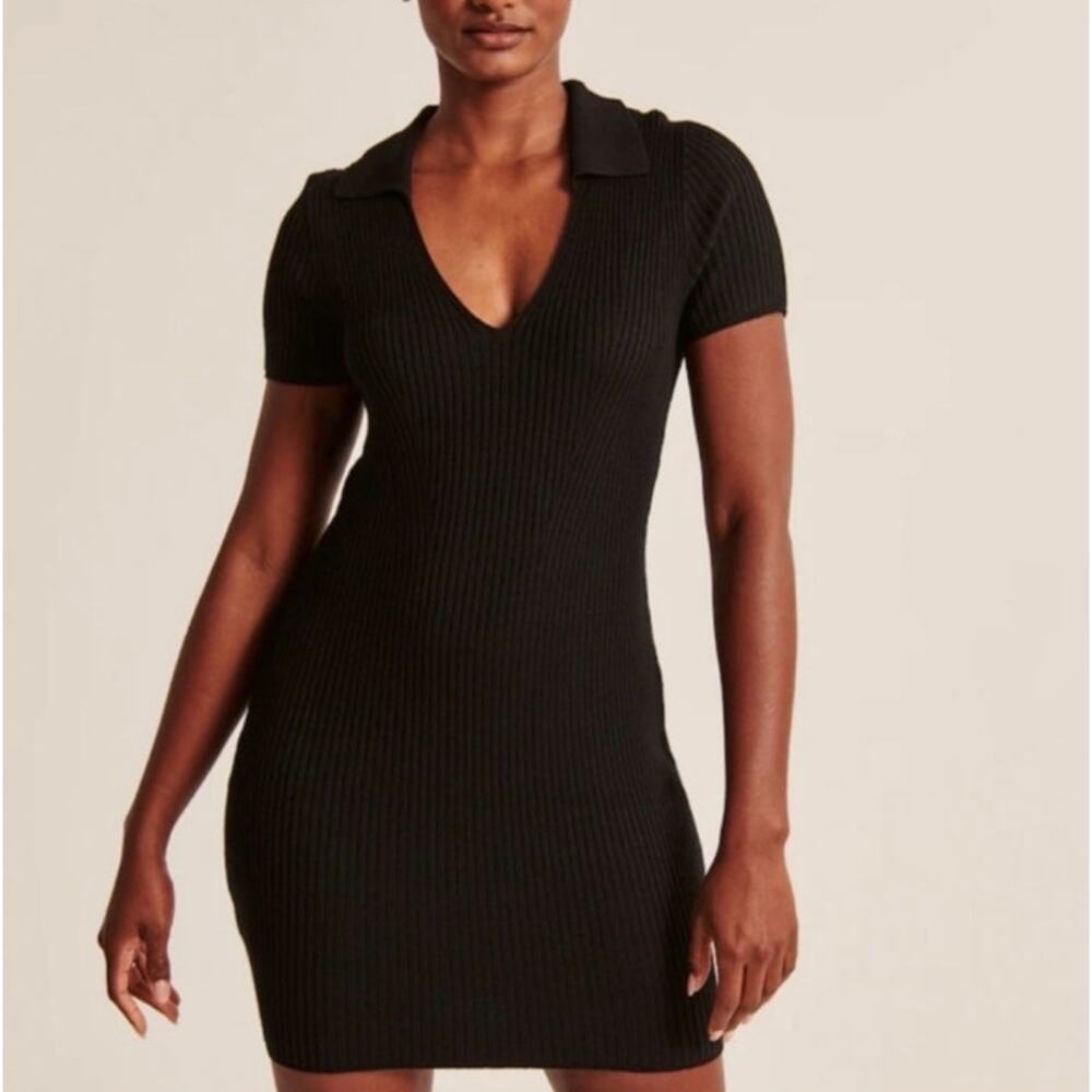 NWT ABERCROMBIE & FITCH Womens Ribbed Polo Knit Mini Dress Black Medium Clueless